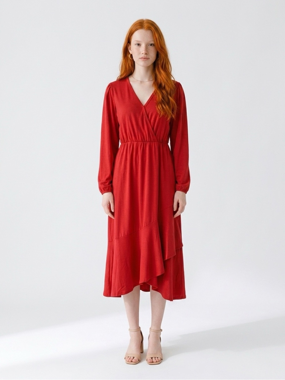 Orange V-Neck Long Sleeve Midi Dress | Maternity Dress - Picture 4 of 10